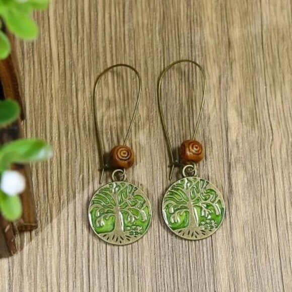 Vintage Ladies 1 Pair 2 In 1 Color Pickled Turquoise Green Round Life  Earrings - Picture 2 of 5